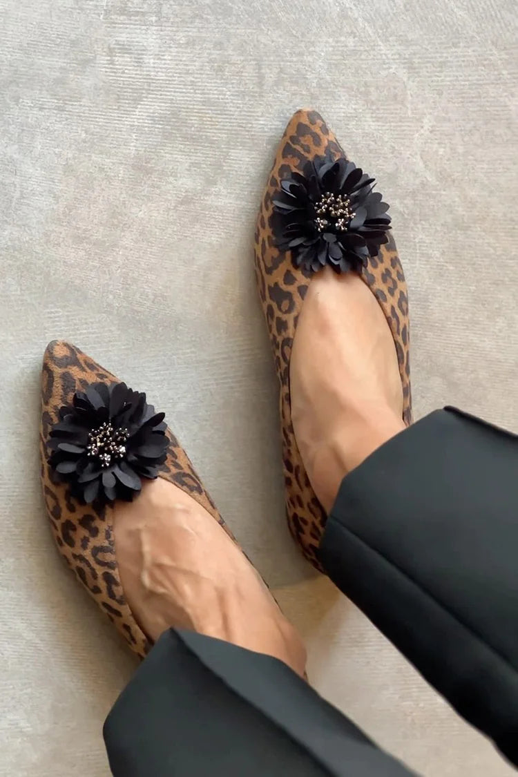 Flower Decor Leopard Print Pointed Toe Brown Flats [Pre Order]