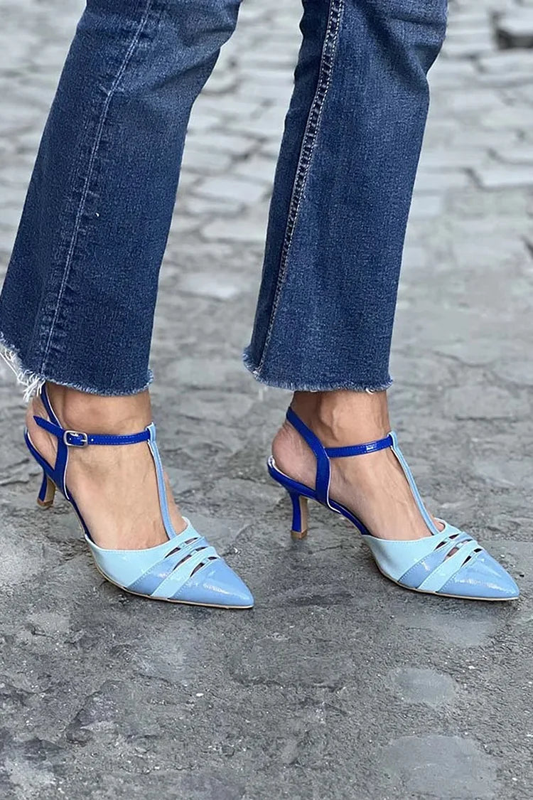 Hollow Out Colorblock Pointed Toe Blue Kitten Heels [Pre Order]