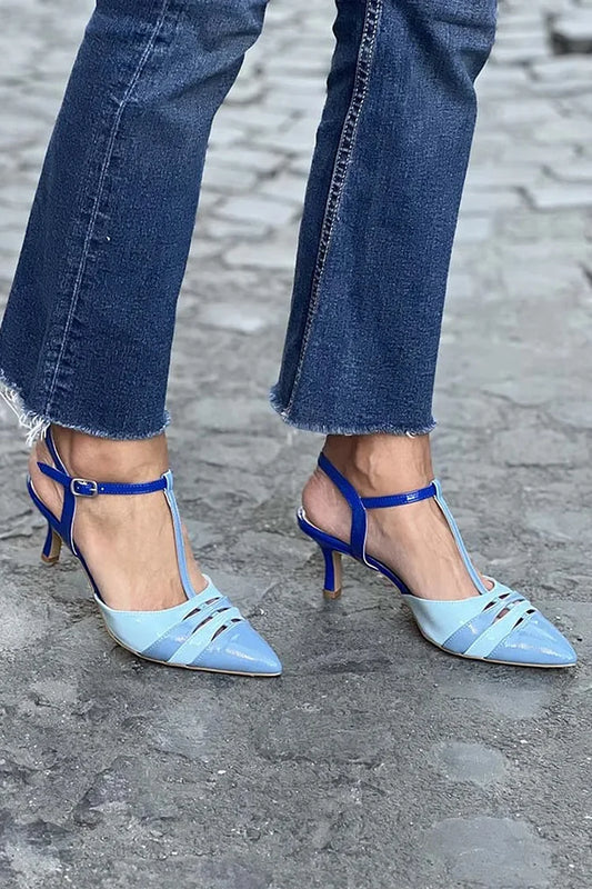 Scarpe con tacco a gattino blu con punta a blocchi di colore scavate [Pre-ordine]