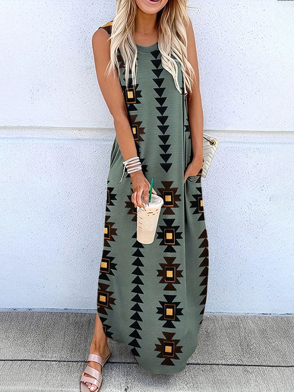 Celina Vestido maxi de malha com estampa geométrica hippie e bolsos