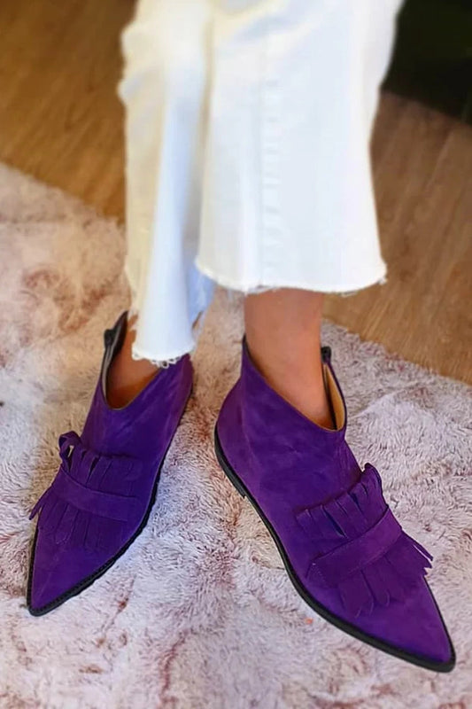 Faux Suede Tassels Trim Zipper Pointy Toe Purple Flat Boots