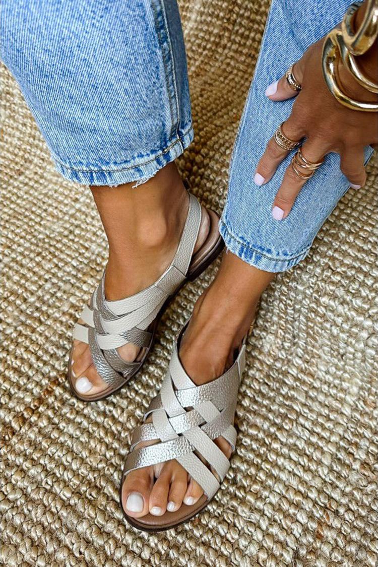 Colorblock Woven Hollow Out Round Toe Beige Sandals [Pre Order]