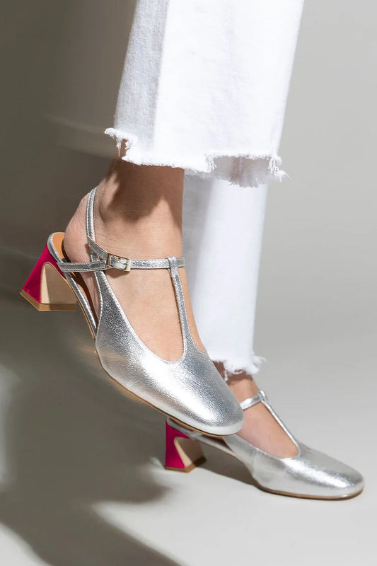 T-Strap Buckle Square Toe Colorblock Silver Chunky Heels [Pre Order]