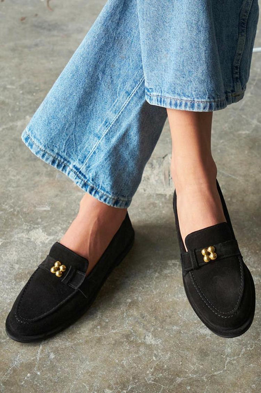 Metall-Dekor Stepp-Detail Rundzehen Schwarze Loafer [Vorbestellung]