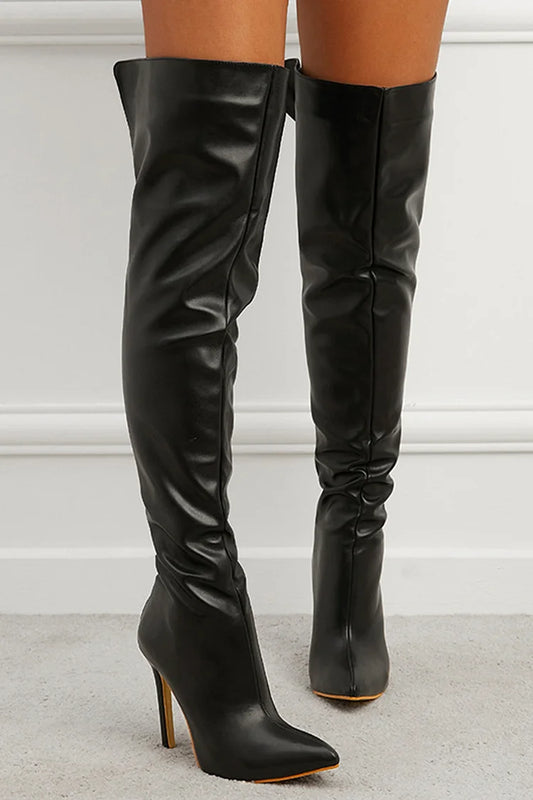 Solid Color Zipper Pointed Toe Stiletto Heel Over The Knee Boots