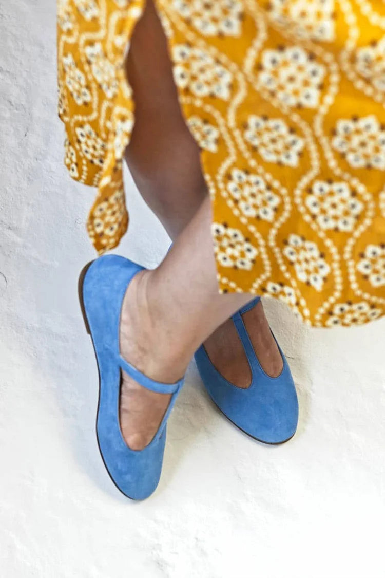 Ballerine blu con punta tonda e fibbia a T in tinta unita [Pre-ordine]