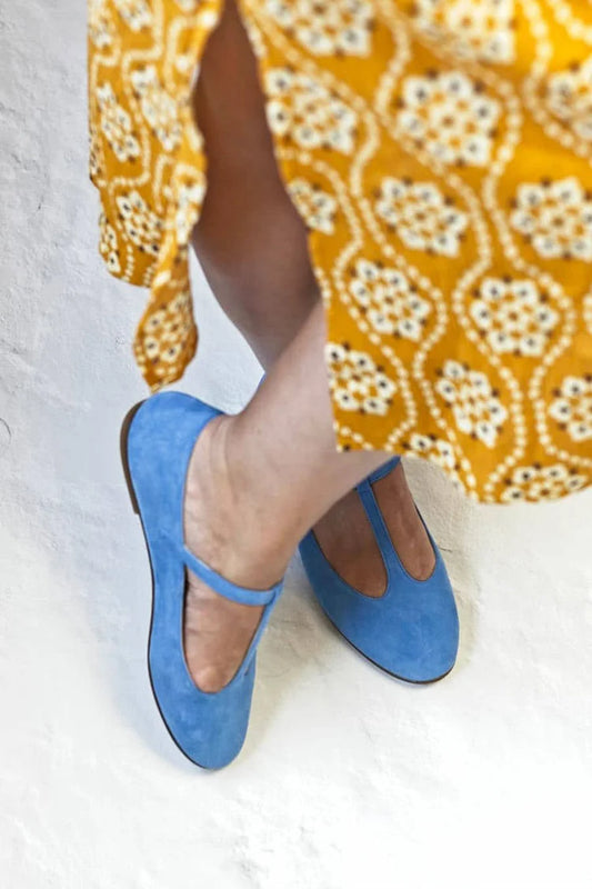 Ballerine blu con punta tonda e fibbia a T in tinta unita [Pre-ordine]