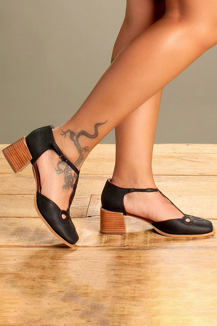 Square Toe Hollow Out T-Strap Buckle Black Low Heels