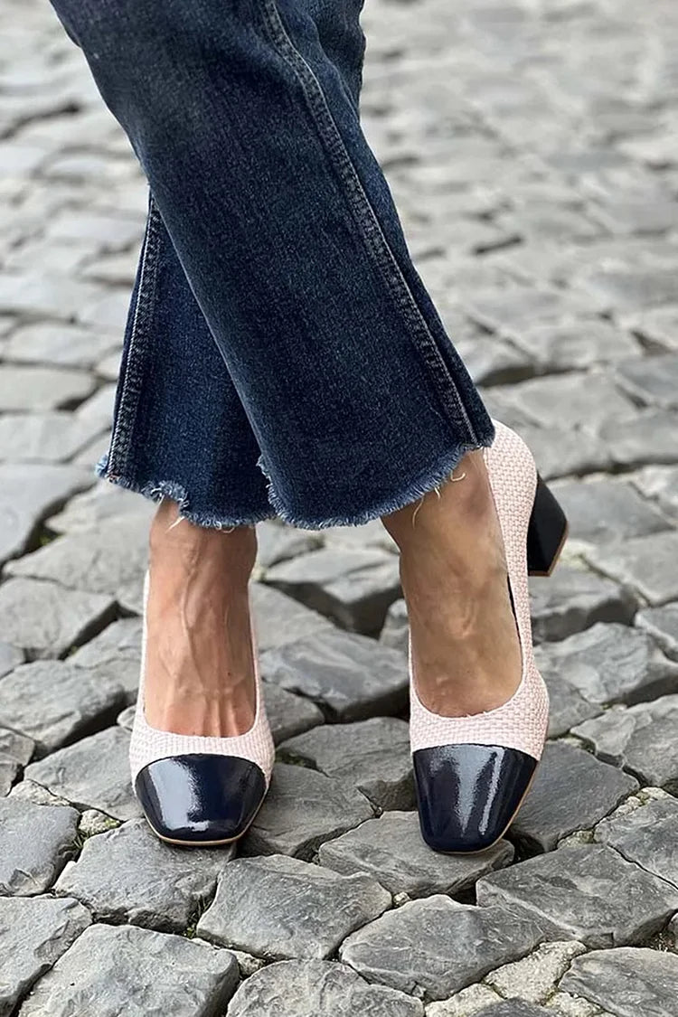 Scarpe con tacco spesso rosa chiaro con punta quadrata e texture patchwork intrecciata [Pre-ordine]