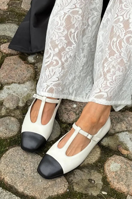 Ballerine bianche con punta quadrata e fibbia con cinturino a T colorblock [Pre-ordine]