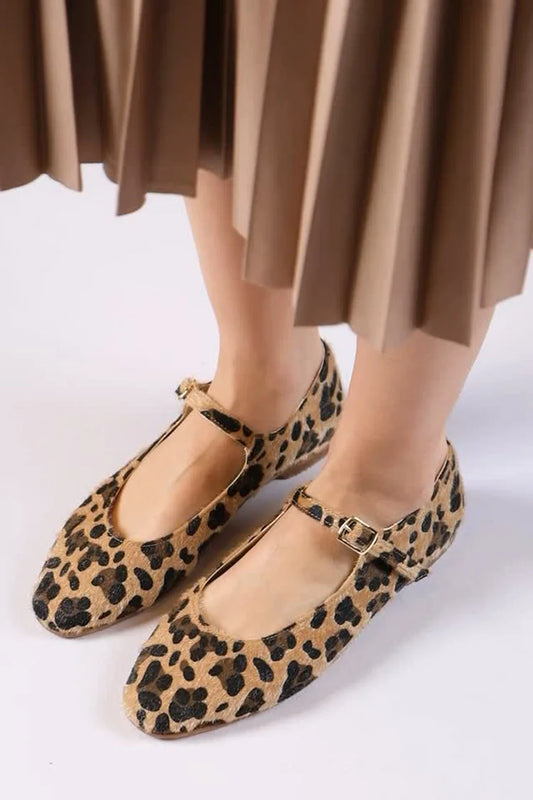 Ballerine con cinturino sul collo del piede con stampa leopardata, marrone chiaro [Pre-ordine] 