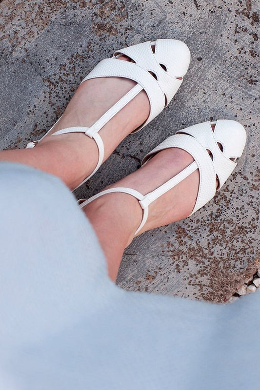 T-Strap Buckle Solid Color Hollow Out White Flats [Pre Order]