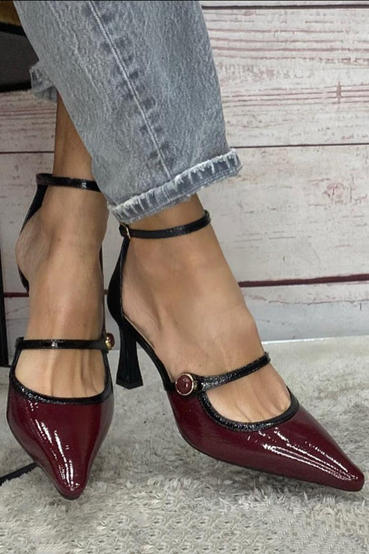 Colorblocking Knöchelriemen Schnalle Spitz Burgunder Stiletto Absätze [Vorbestellung]
