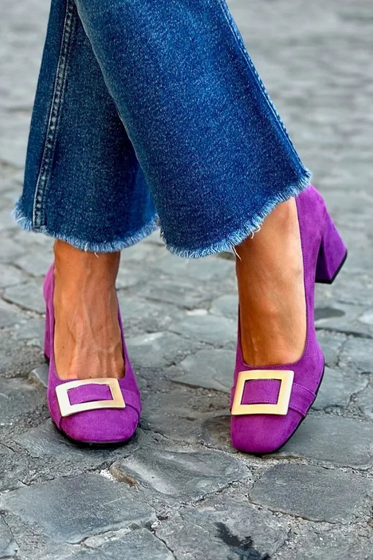 Square Toe Metal Decor Purple Chunky Heels