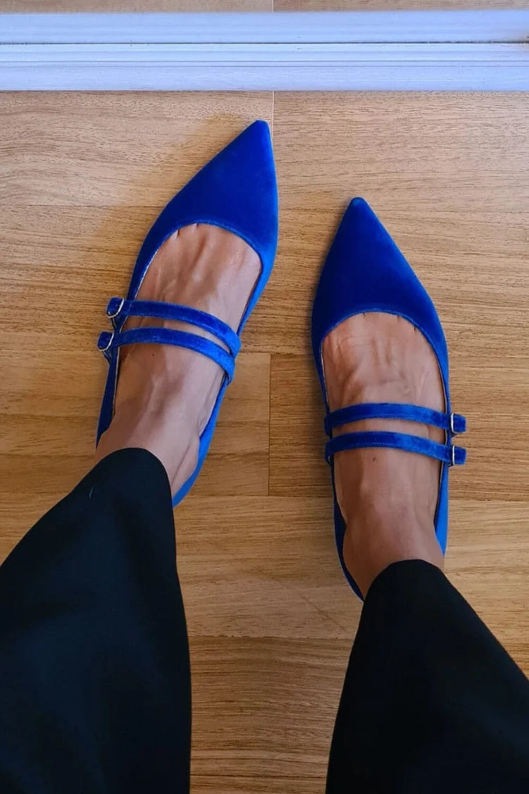 Scarpe basse blu con punta a punta e due cinturini con fibbie in tinta unita [Pre-ordine]