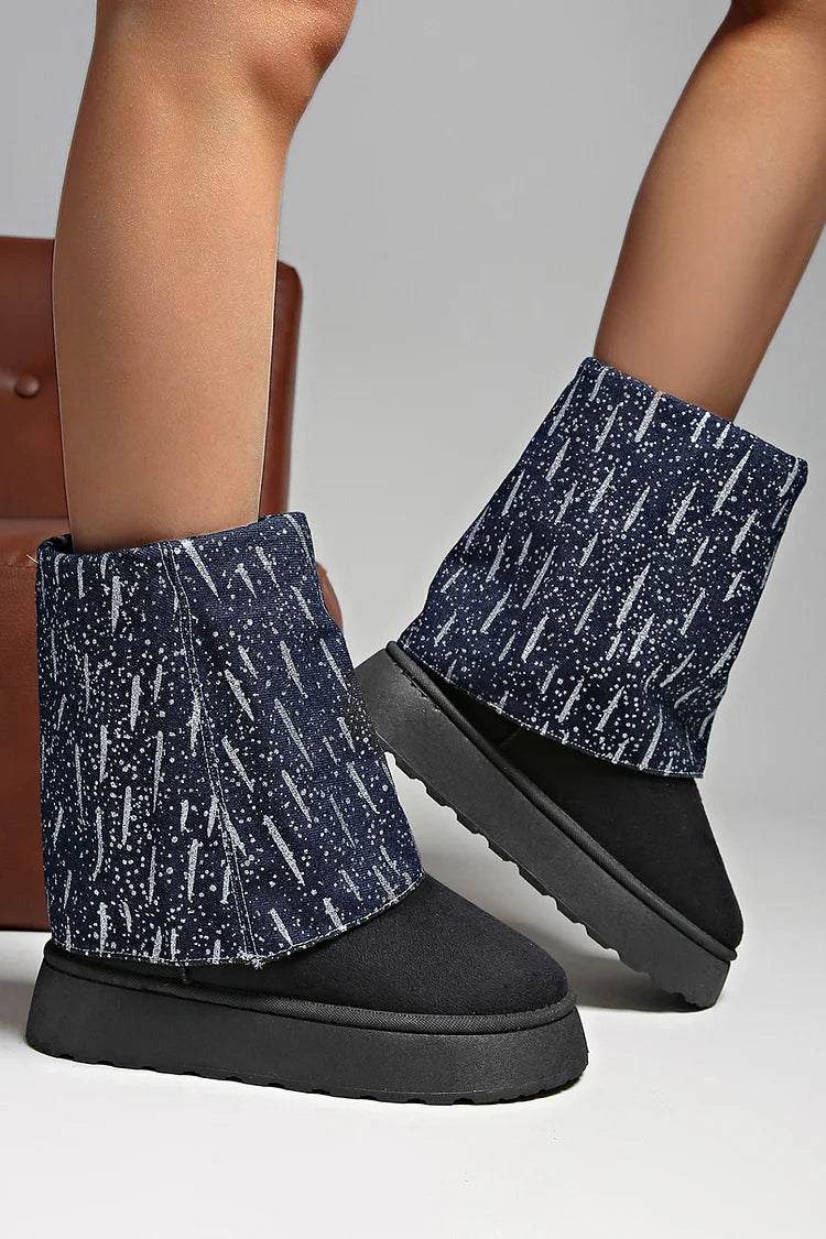 Denim Patchwork Fold Over Round Toe Low Platform Snow Boots