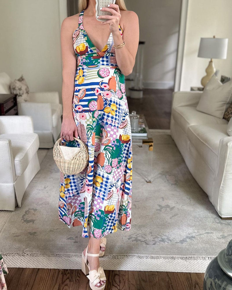 Casual V-Neck Printed Sling Dress