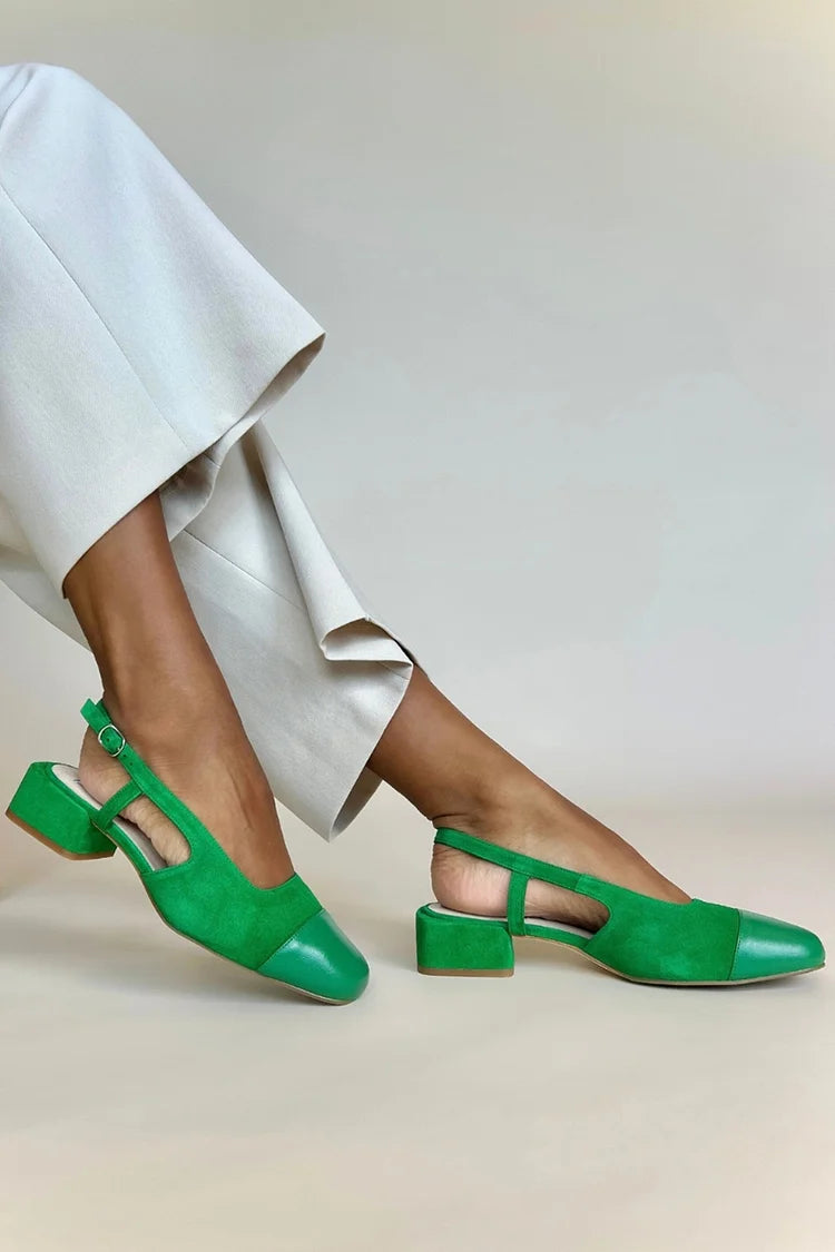 Zapatos de tacón bajo con tiras y hebillas en verde patchwork [pedido por adelantado]