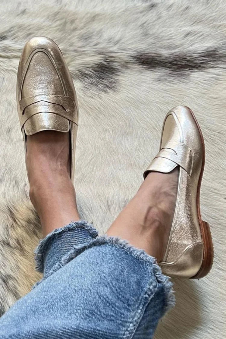 Patchwork Round Toe Metallic Sheen Gold Loafers