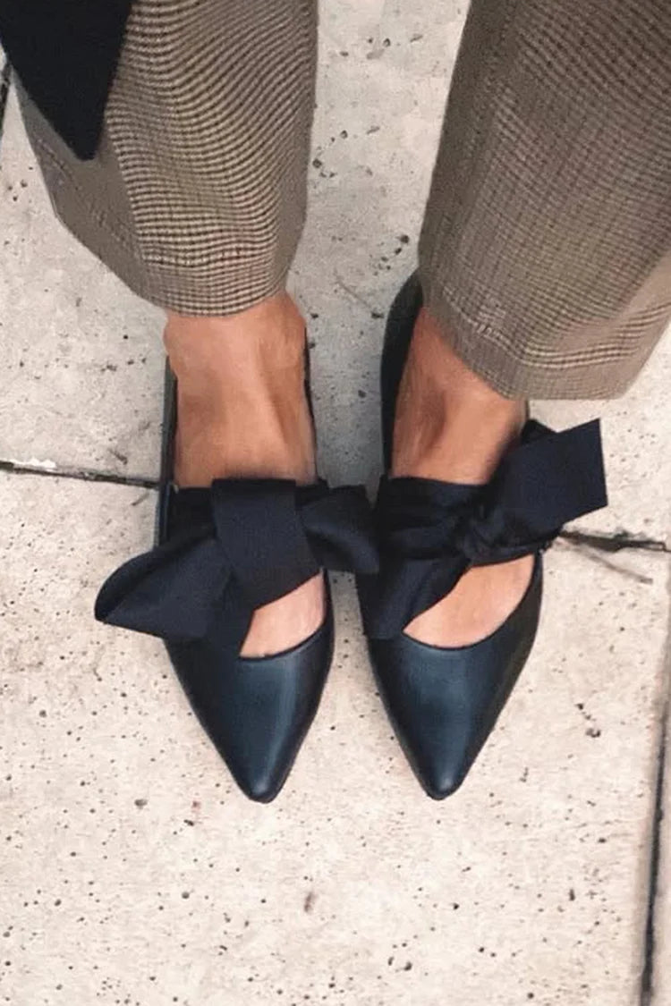 Solid Color Tie Up Pointed Toe Black Flats [Pre Order]