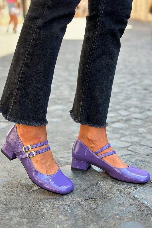 Two Straps Buckles Solid Color Purple Low Heels [Pre Order]