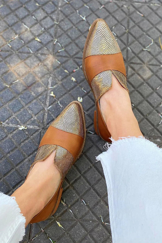 Snake Print Patchwork Pointed Toe Brown Flats