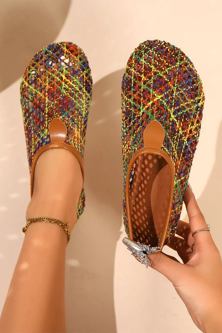 Zapatos planos casuales de punta redonda con rejilla hueca multicolor 