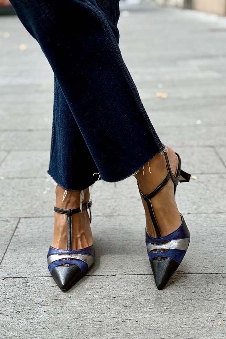 Leather Colorblock Silver Stripe Pointed Toe Heels [Pre Order]