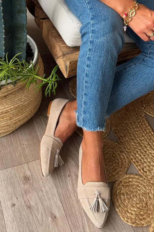 Einfarbige Quasten-Dekor Spitz zulaufende Zehen Beige Loafer [Vorbestellung]