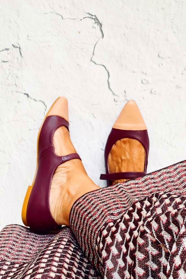 Ballerine bordeaux con cinturino sul collo del piede e punta a punta, con blocchi di colore [Pre-ordine]