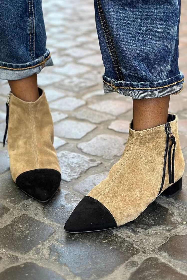 Colorblock Pointed Toe Chunky Heel Khaki Ankle Boots [Pre Order]