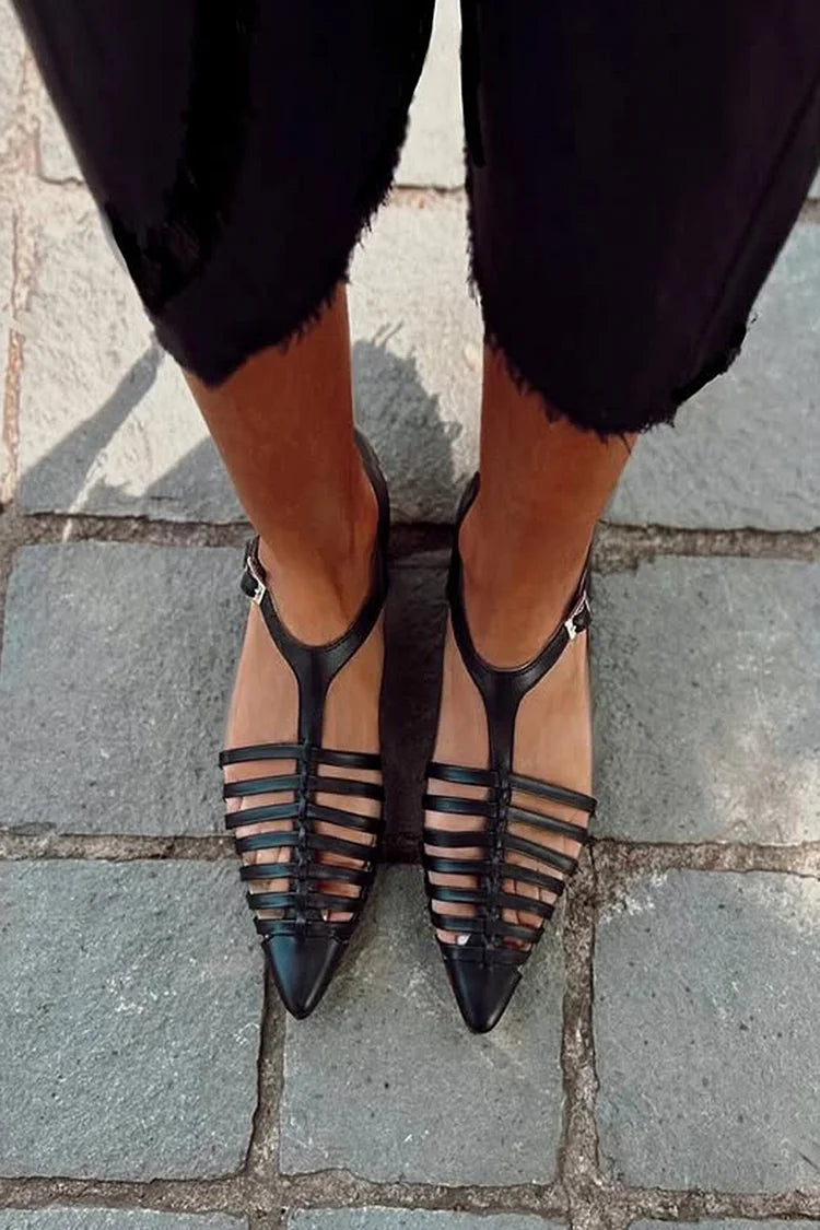 Hollow Out Pointed Toe T-Strap Buckle Schwarze Sandalen [Vorbestellung]
