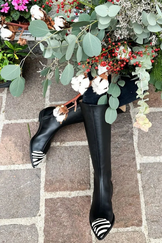 Zebra Print Patchwork Pointed Toe Black Long Boots [Pre Order]