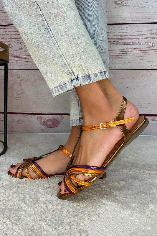 Sandalias doradas con hebilla y tira en T peep toe multicolor 