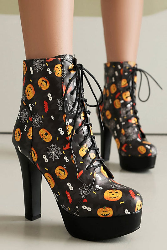 Halloween-Schnürstiefel mit gruseligem Kürbismuster und klobigem Absatz