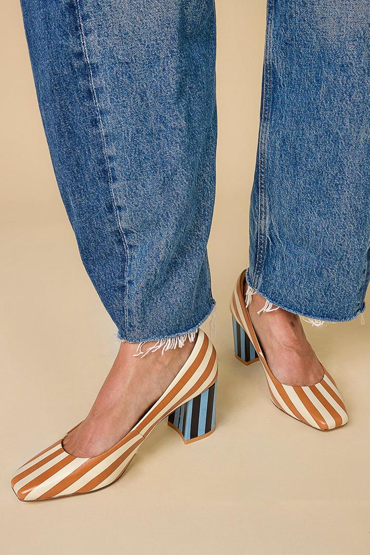 Colorblock Stripe Square Toe Casual Orange Chunky Heels [Pre Order]