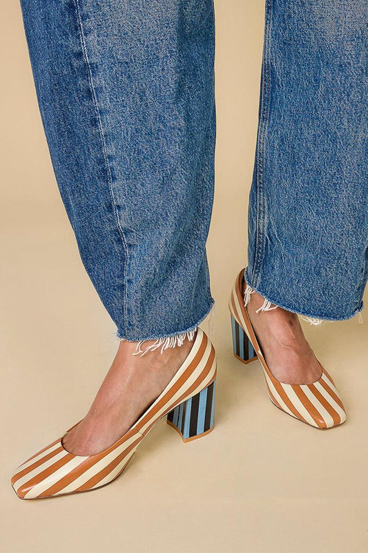 Colorblock Stripe Square Toe Casual Orange Chunky Heels [Pre Order]