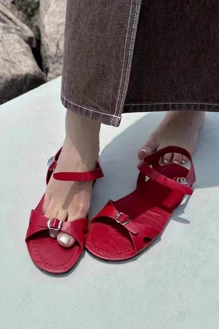 Solid Color Strap Buckle Cutout Round Toe Leather Sandals