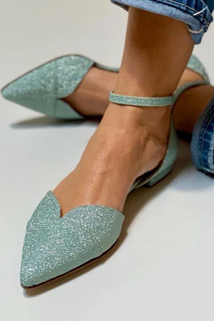 Ankle Strap Buckle Glitter Pointed Toe Green Flats