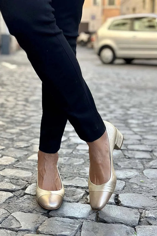 Scarpe con tacco basso dorate con punta tonda e lucentezza metallica patchwork [Pre-ordine]