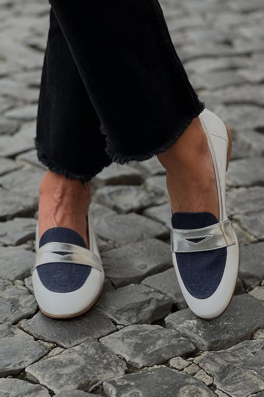 Metallic schimmernde Patchwork Rundzehen weiße Loafer [Vorbestellung]