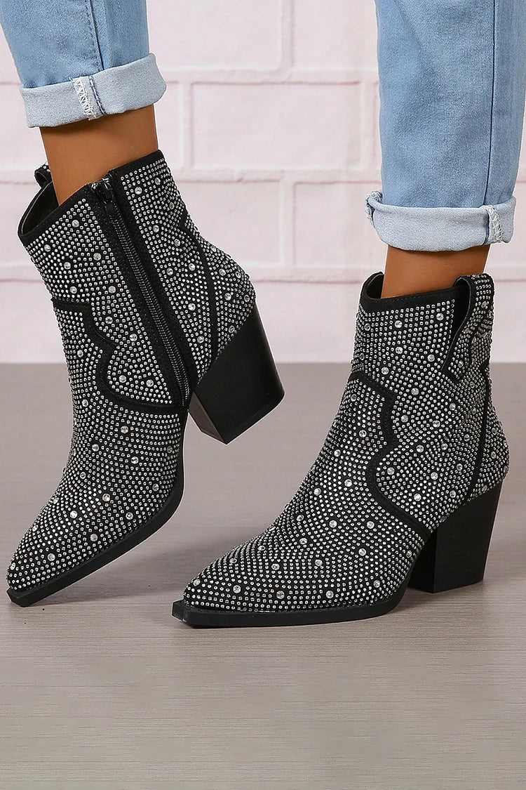 Rhinestone Decor Patchwork Zipper Pointed Toe Ankle Boots