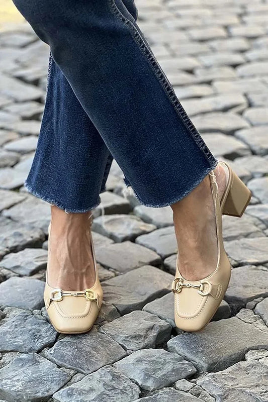 Metal Buckle Decor Square Toe Slingback Khaki Chunky Heels [Pre Order]