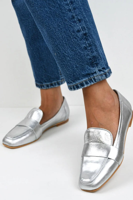 Metaliczne połyskujące mokasyny w stylu patchwork z kwadratowym noskiem w kolorze srebrnym [Przedsprzedaż]