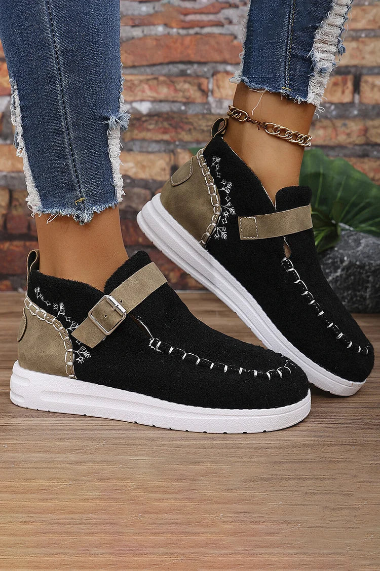 Colorblock Stitch Detail Patchwork Strap Buckle Round Toe Snow Boots