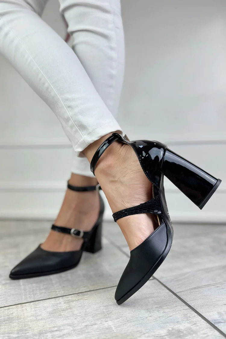 Ankle Strap Buckle Pointed Toe Black Chunky Heels [Pre Order]