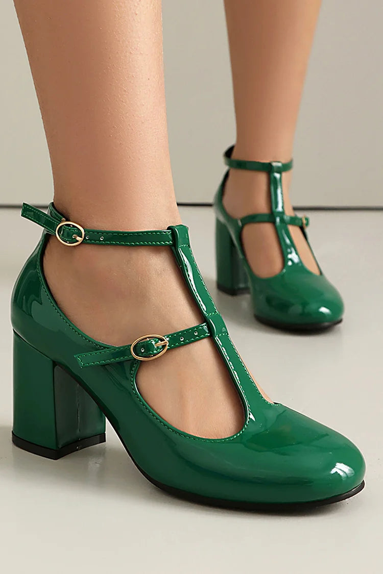 Solid Color Cross Strap Buckle Round Toe Chunky Heels
