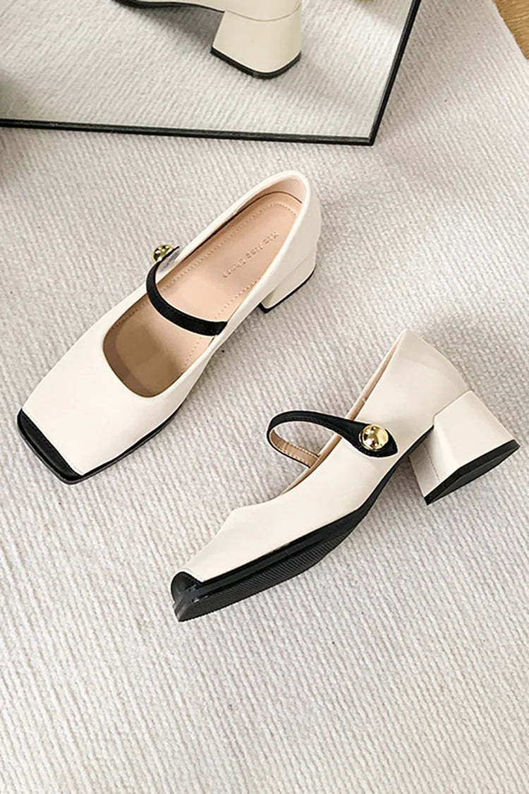 Color Matching Square Toe Instep Strap Buckle Chunky Heels