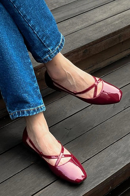 Crossover Strap Buckle Solid Color Square Toe Burgundy Flats