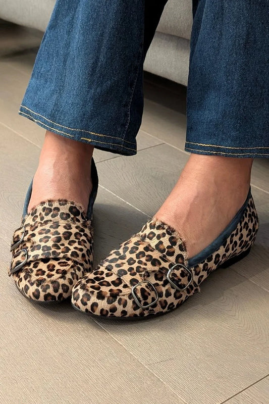 Scarpe con cinturino con stampa leopardata e fibbie, punta rotonda, color kaki [Pre Order]